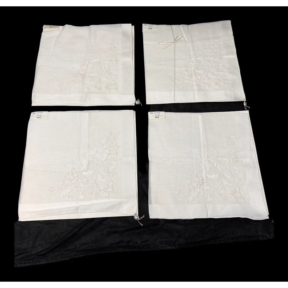 Casa Do Turista Madeira Linen Napkins Sheer White Embroidered Flower 11x11 Set 4